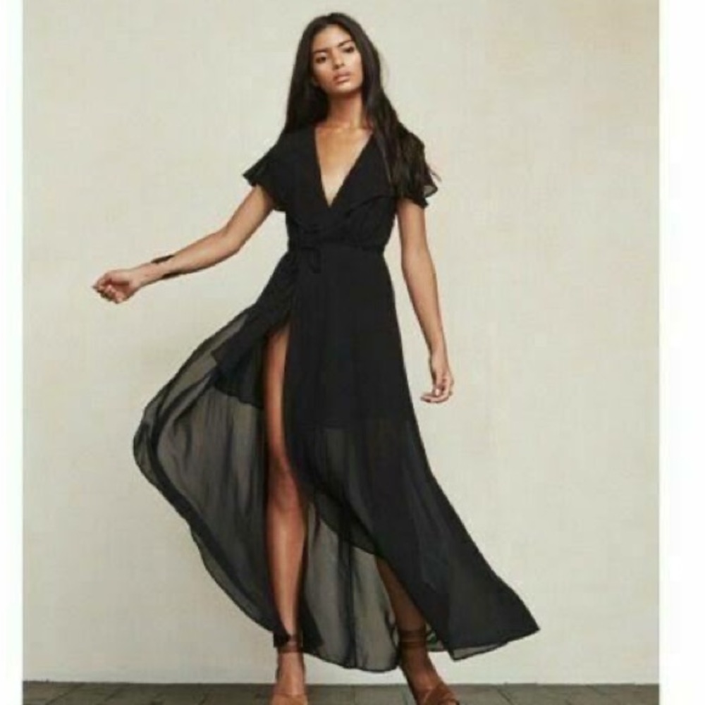 Reformation Black V Neck Crepe Maxi Wrap Dress